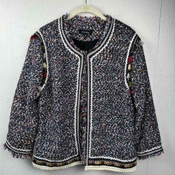 Lea & Viola Women’s Black, Multi-Colored Chunky Woven Tweed Jacket w/ Tassels L - Picture 2 of 16